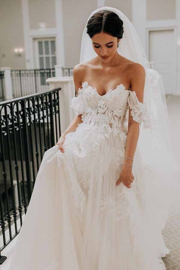 Rustic A-line Tulle Off-the-Shoulder Wedding Dresses With Lace Appliques, SW427 | ivory wedding dress | lace wedding dresses | beach wedding dresses | cheap wedding dresses | www.simidress.com