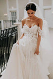 Rustic A-line Tulle Off-the-Shoulder Wedding Dresses With Lace Appliques, SW427 | ivory wedding dress | lace wedding dresses | beach wedding dresses | cheap wedding dresses | www.simidress.com