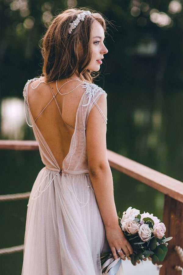 Rustic Tulle A-line Cap Sleeves Boho Wedding Dress, Cheap Bridal Gown, SW489 | a line wedding dresses | boho wedding dress | beach wedding dress | www.simidress.com