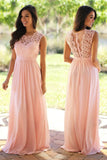 Long Lace Sleeveless  Chiffon Evening Dresses Pink Prom Dresses SD302