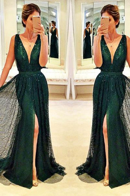 Front-Split Sexy Glittering Sleeveless V-Neck Dark-Green Prom Dress SD305