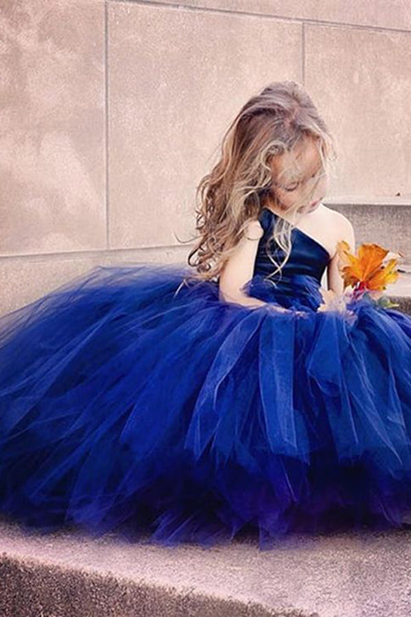 Cute Navy Blue Tulle Ball Gown One Shoulder Flower Girl Dresses, SF23 | flower girl dresses | wedding party dresses | Simidress.com