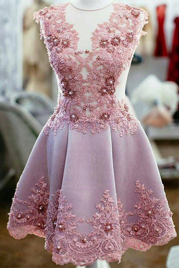 Princess Sheer Short Prom Dress, Appliques Beading Homecoming Dress Party Dress
