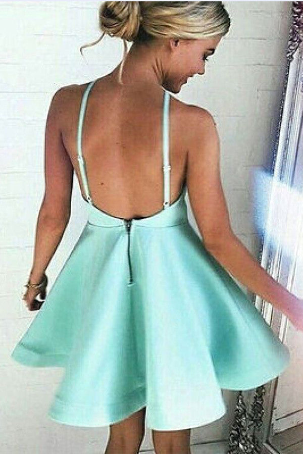 Halter Neckline Backless A-Line Short Prom Dress,Satin Homecoming Dress,SH100