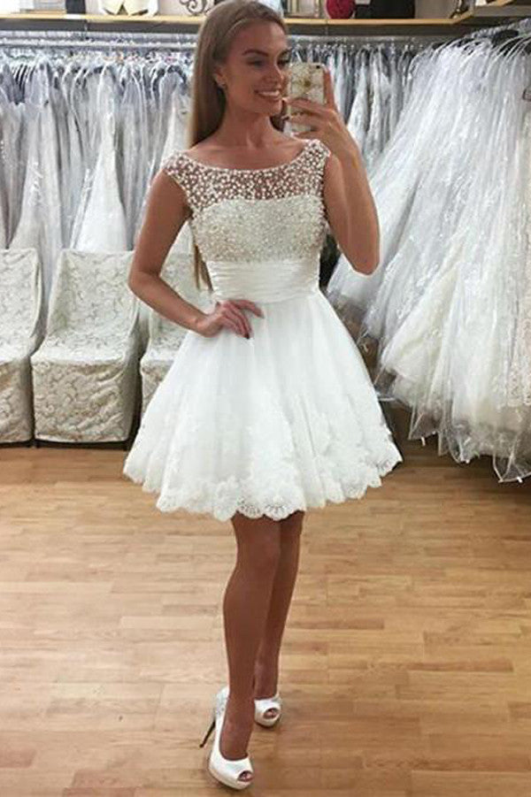 Charming Sheer Short Prom Dress,Lace Appliques Homecoming Dress Party Dress