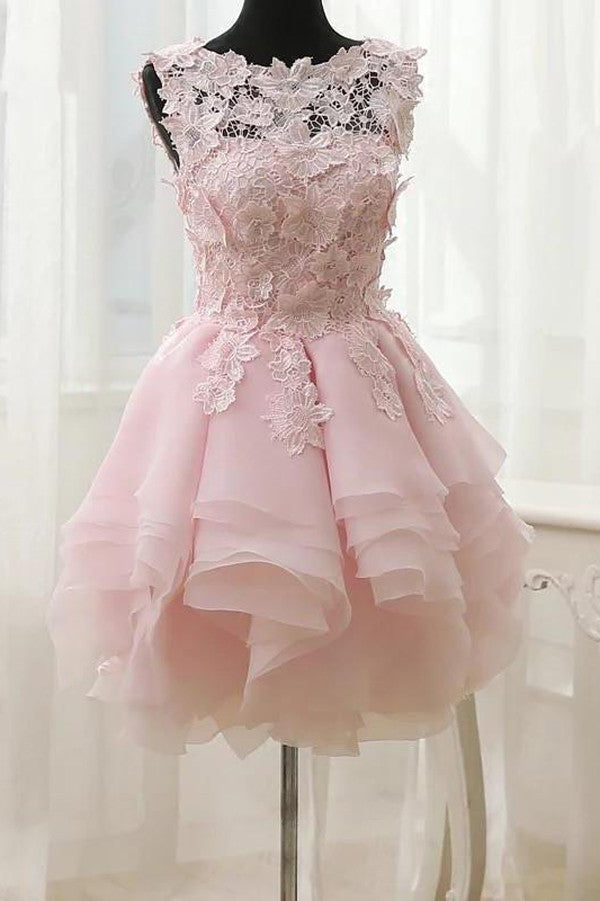Vintage Boat Short Prom Dress,Layers Appliques Floral Homecoming Dress Party Dress