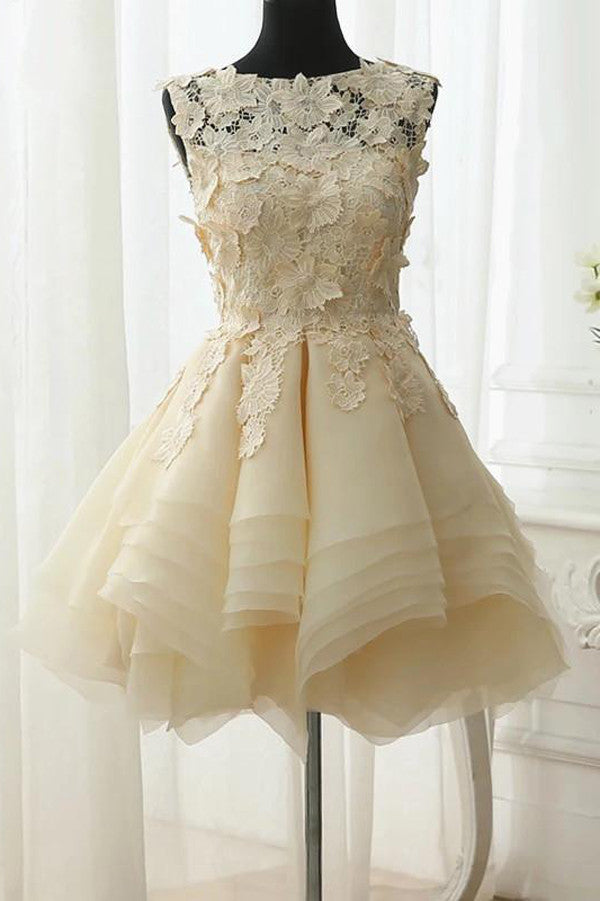 Vintage Boat Short Prom Dress,Layers Appliques Floral Homecoming Dress Party Dress,SH108