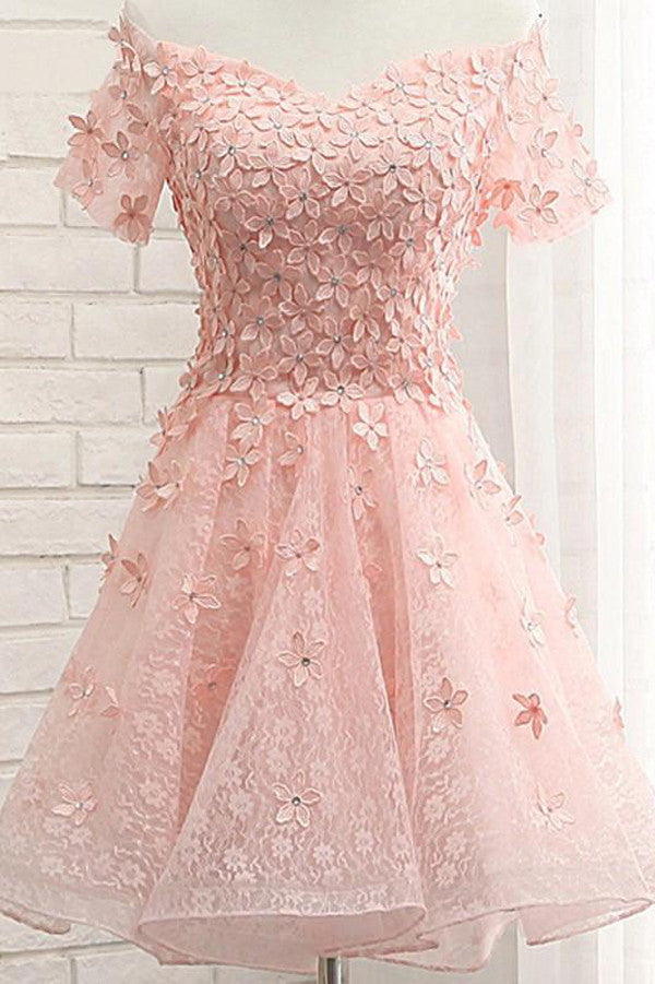 Sweet Off The Shoulder Short Prom Dress,Tulle  Appliques Floral Homecoming Dress Party Dress