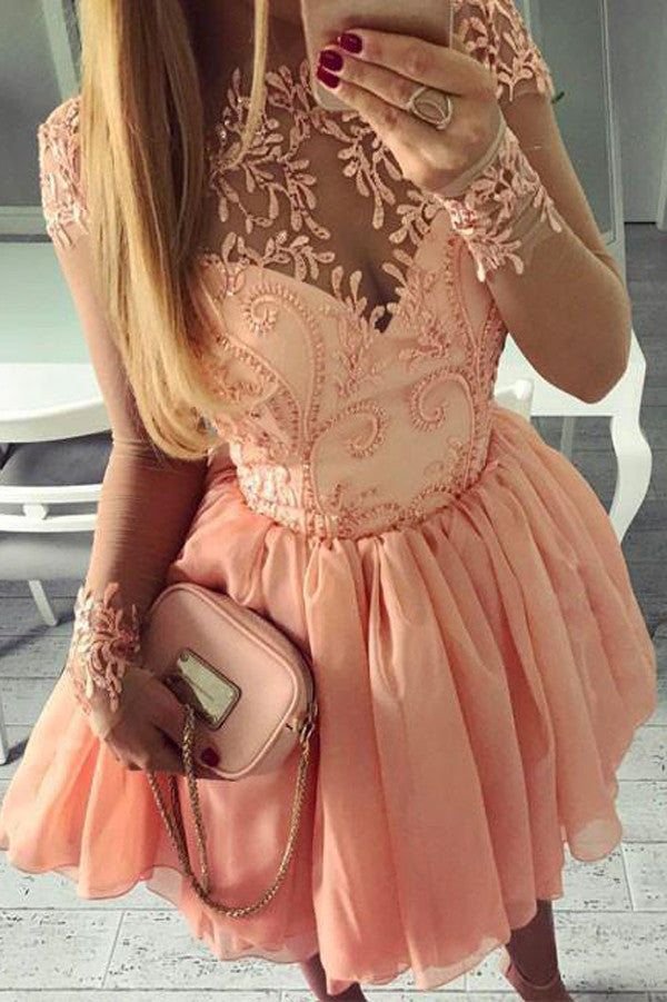 Sweet Long Sleeves Short Prom Dress,Appliques Beading Homecoming Dress Party Dress