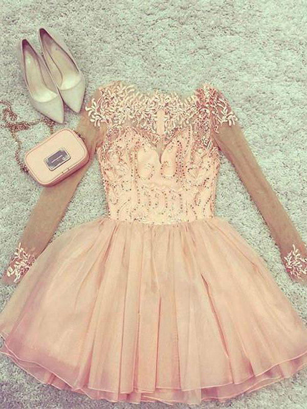 Sweet Long Sleeves Short Prom Dress,Appliques Beading Homecoming Dress Party Dress,SH110