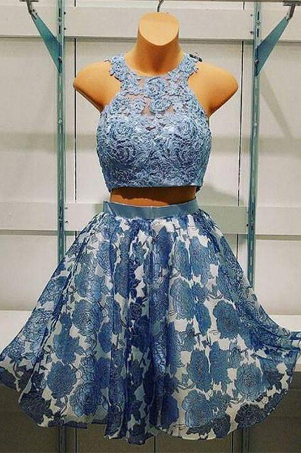 Two Piece Short Prom Dress,Hollow Halter Homecoming Dress Party Dress,