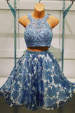 Two Piece Short Prom Dress,Hollow Halter Homecoming Dress Party Dress,