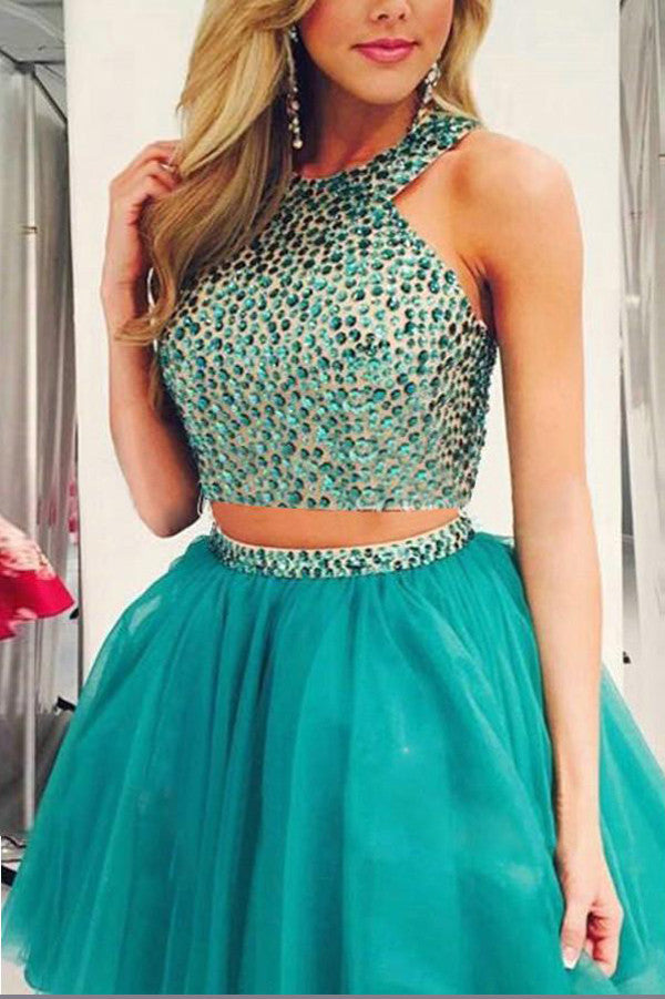 Two Piece Beading Short Prom Dress,Layers Chiffon Halter Homecoming Dress Party Dress