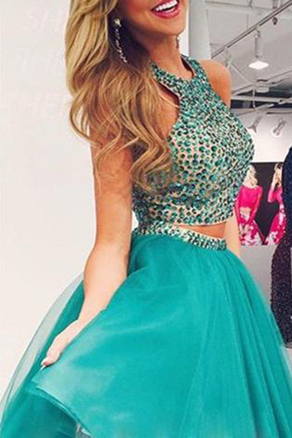Two Piece Beading Short Prom Dress,Layers Chiffon Halter Homecoming Dress Party Dress,SH119
