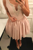 Simple Deep V Neck Short Prom Dress,Appliques Sleeveless Homecoming Dress Party Dress,SH121