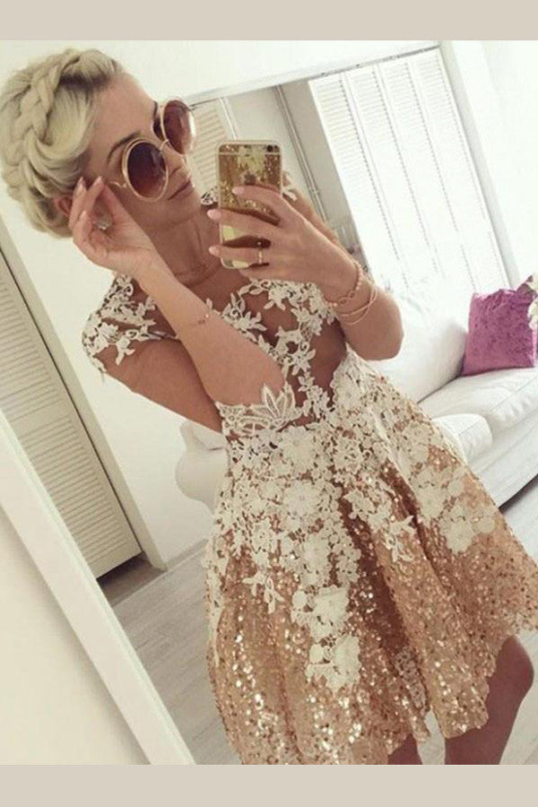 Charming Half Sleeves Short Prom Dress,Appliques Sequins Beading Sheer Back Homecoming Dress