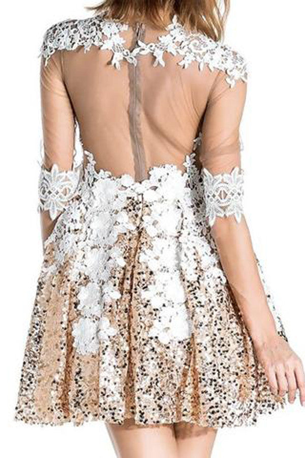 Charming Half Sleeves Short Prom Dress,Appliques Sequins Beading Sheer Back Homecoming Dress SH122