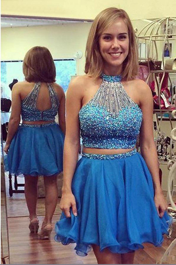 Two Piece Halter Short Prom Dress,Scoop Beading Keyhole Back Homecoming Dress