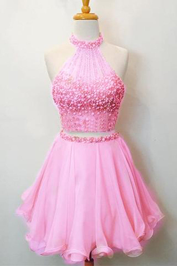 Two Piece Halter Short Prom Dress,Scoop Beading Keyhole Back Homecoming Dress SH124