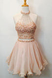 Two Piece Halter Short Prom Dress,Scoop Beading Keyhole Back Homecoming Dress SH124