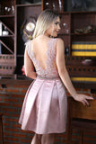 Pink Deep V Neck Short Prom Dress,V Back Appliques Homecoming Dress SH129