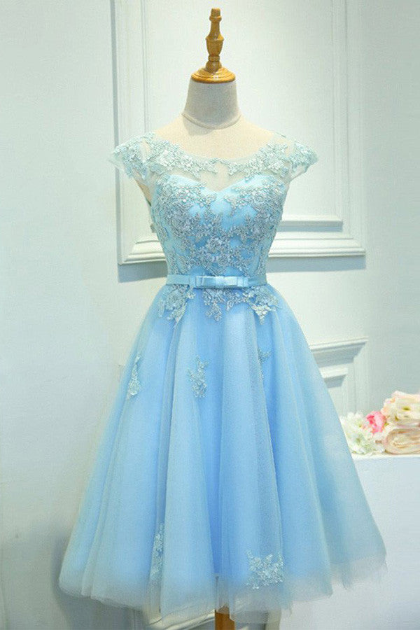 Light Blue Capped Sleeve  Short Prom Dress,Mid Back Appliques Homecoming Dress