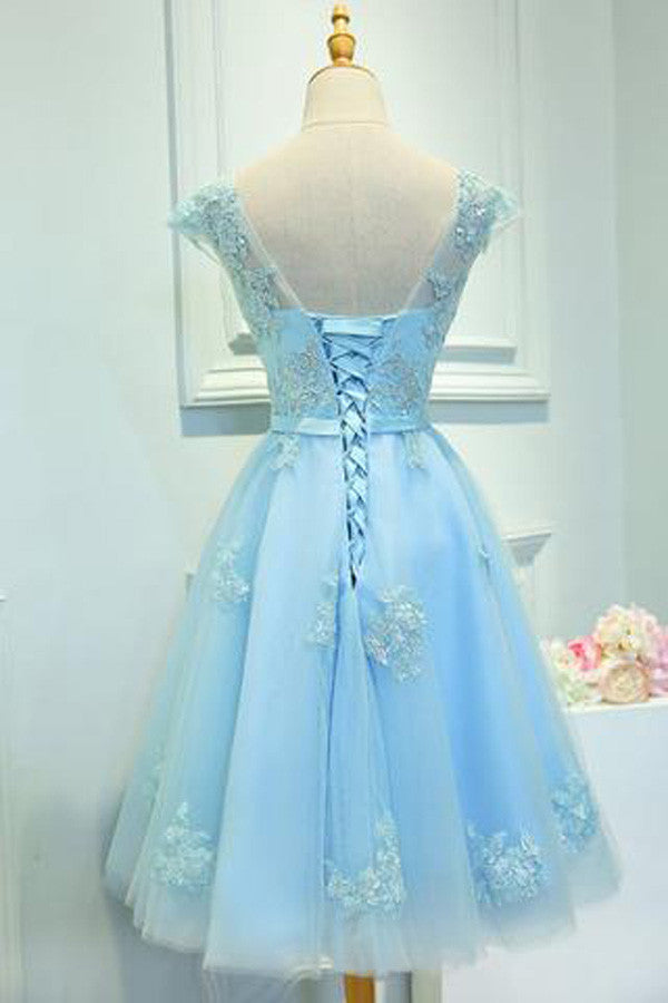 Light Blue Capped Sleeve  Short Prom Dress,Mid Back Appliques Homecoming Dress SH130