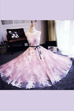 Light Pink Sleeveless  Short Prom Dress,Lace Up Appliques Homecoming Dress SH131