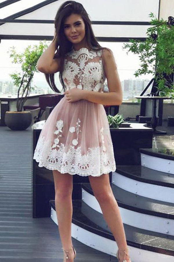 Tulle Sleeveless  Short Prom Dress,Lace Up Appliques Homecoming Dress