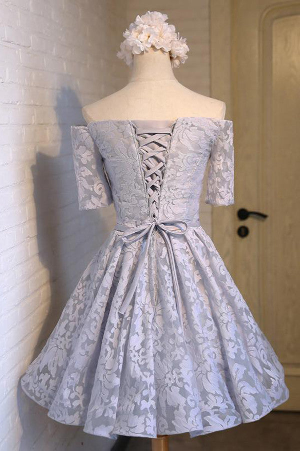 Gray Off Shoulder Half Sleeve Short Prom Dress,Lace Up Appliques Homecoming Dress SH133