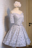 Gray Off Shoulder Half Sleeve Short Prom Dress,Lace Up Appliques Homecoming Dress SH133