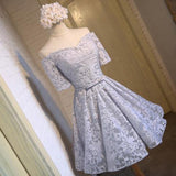 Gray Off Shoulder Half Sleeve Short Prom Dress,Lace Up Appliques Homecoming Dress SH133