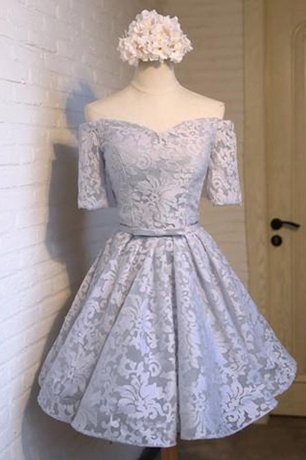 Gray Off Shoulder Half Sleeve Short Prom Dress,Lace Up Appliques Homecoming Dress