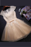 Capped Sleeve Sheer Short Prom Dress,Lace Up Appliques Homecoming Dress