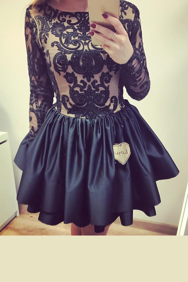 open lace back dress Black Boat Long Sleeve Short Prom Dress,V Back Appliques Homecoming Dress –  Simidress