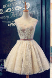 Boat Sleeveless Short Prom Dress,Lace Up Appliques Sheer Back Homecoming Dress