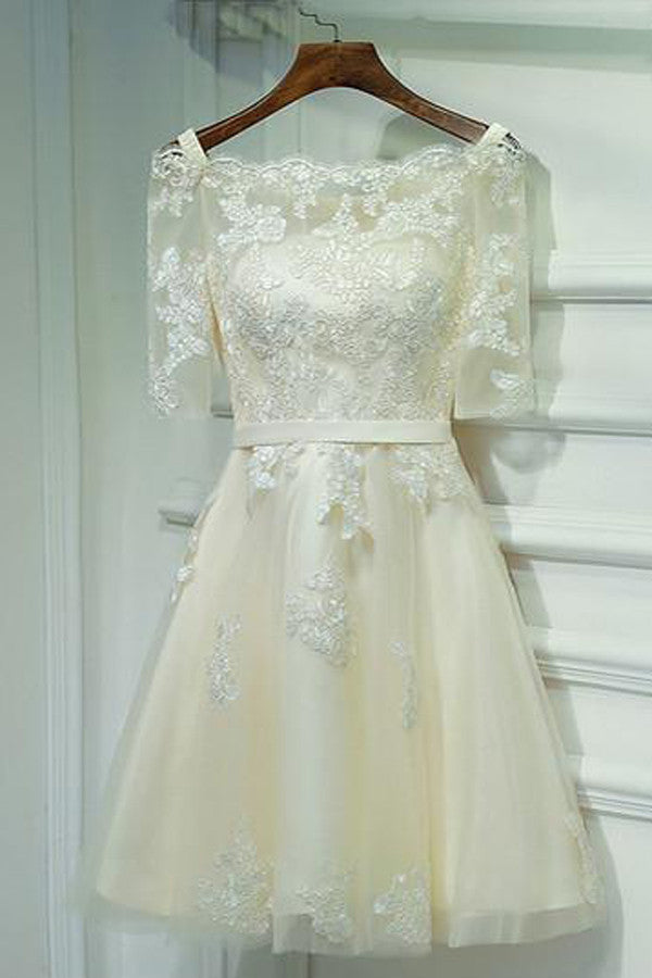 Ivory Off Shoulder Half Sleeve Short Prom Dress,Lace Up Appliques Homecoming Dress