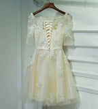 Ivory Off Shoulder Half Sleeve Short Prom Dress,Lace Up Appliques Homecoming Dress SH136