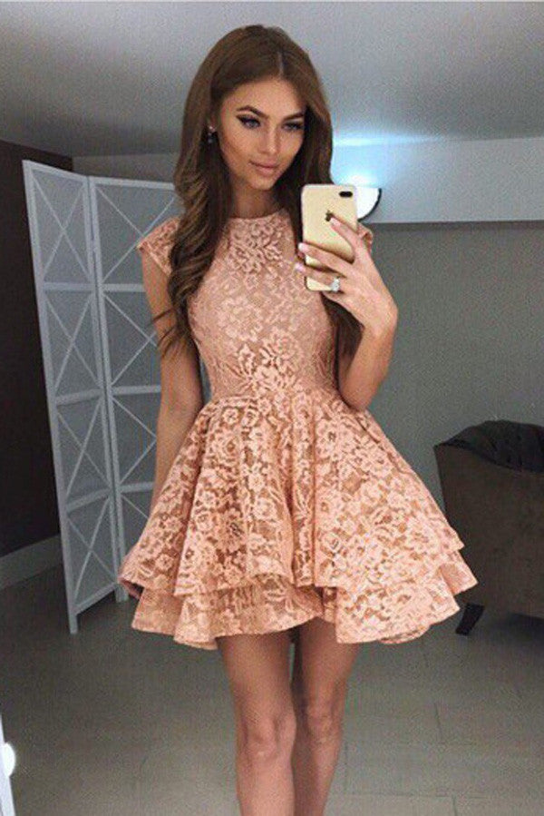 open lace back dress Bright Coral Orange Short Summer Dress with Lace– PromGirl