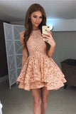Coral Lace Short Prom Dress,Tiered Puffy Appliques Cheap Homecoming Dress,Party Dress