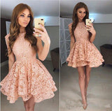 Coral Lace Short Prom Dress,Tiered Puffy Appliques Cheap Homecoming Dress,Party Dress SH140