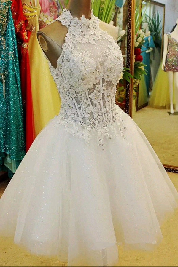 White Halter Short Prom Dress,Sequins Appliques Lace Cheap Homecoming Dress,Party Dress