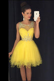 Yellow Sheer Sleeveless Short Prom Dress,Sequins Layers Tulle Cheap Homecoming Dress,Party Dress