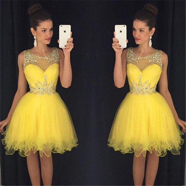 Yellow Sheer Sleeveless Sequins Layers Tulle Cheap Homecoming Dress,Party Dress SH142