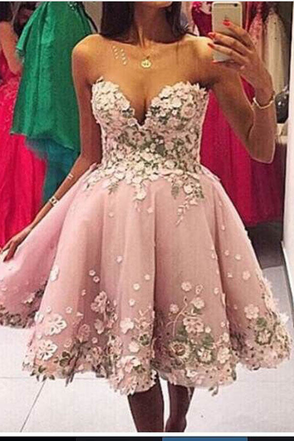 Pink Sweetheart Strapless Homecoming Dresses,A Line Appliques Short Prom Dress
