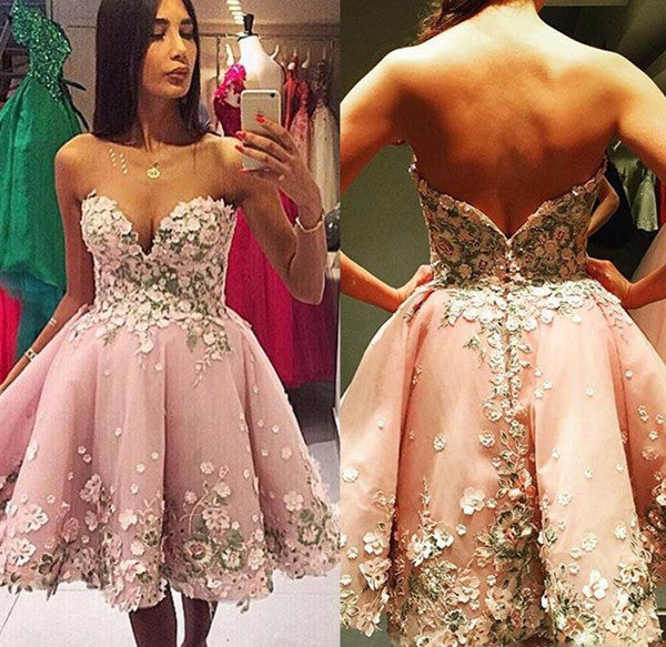 Pink Sweetheart Strapless Homecoming Dresses,A Line Appliques Short Prom Dress SH144