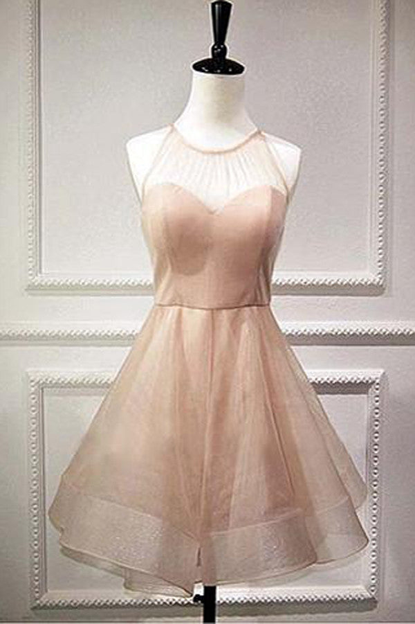 Simple Pink Sheer Homecoming Dresses,Lace Up Short Prom Dress