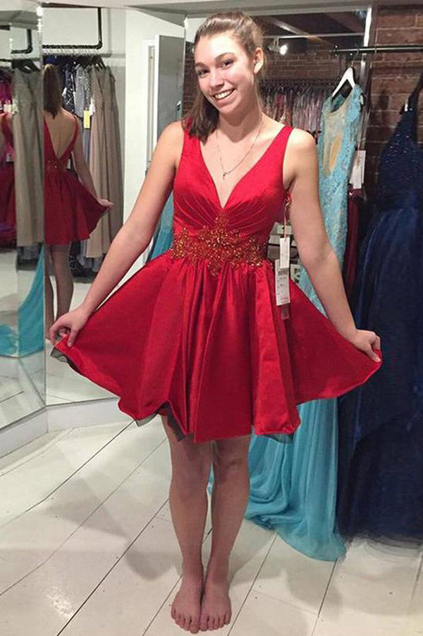 Red Deep V Neck Sheer Homecoming Dresses,V Beck Beading Short Prom Dress