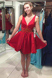 Red Deep V Neck Sheer Homecoming Dresses,V Beck Beading Short Prom Dress