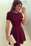 Burgundy High Neck Short Sleeve Short Prom Dress,Keyhole Back Beading Cheap Homecoming Dress,Party Dress